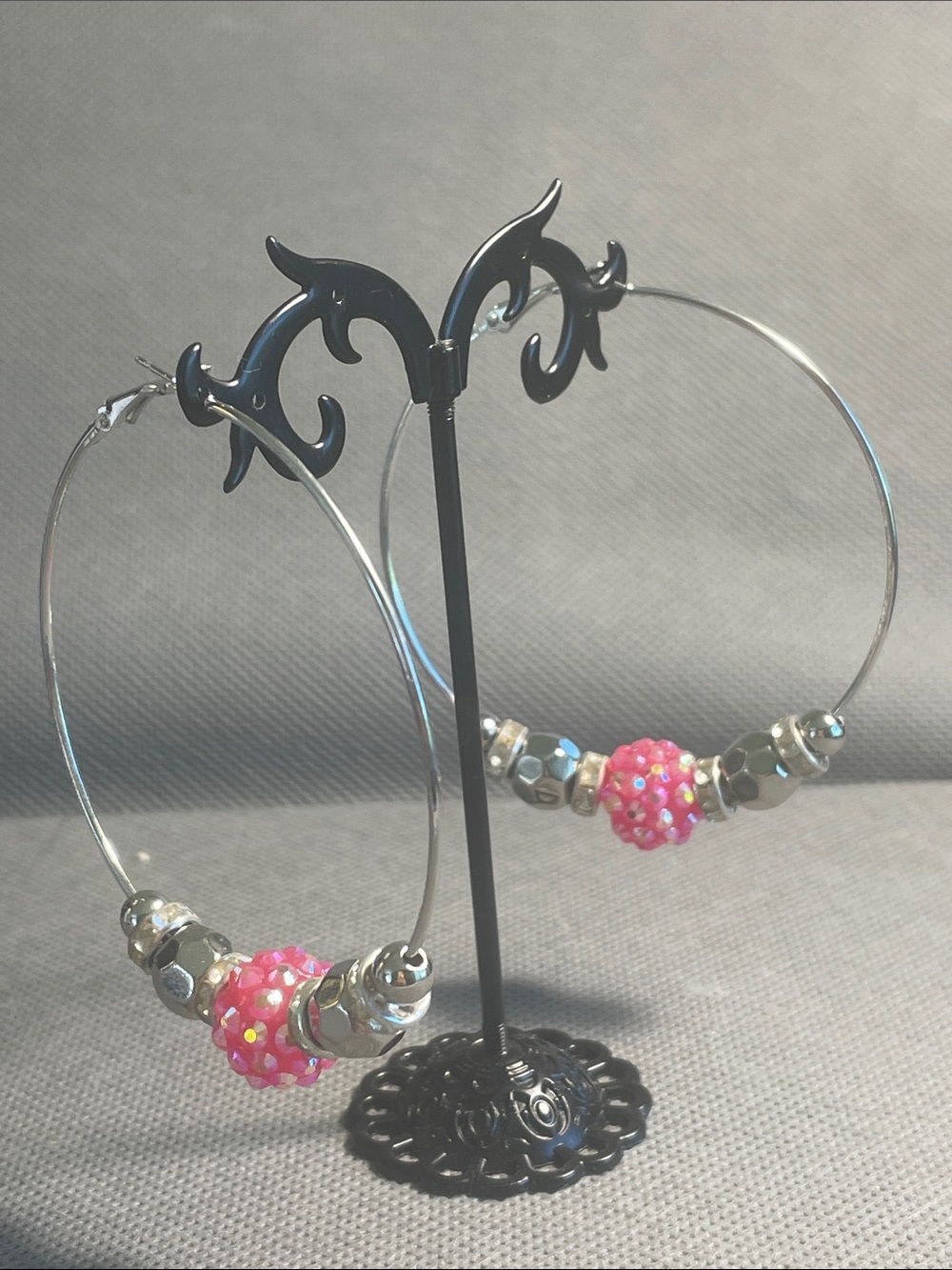 PASTEL™ Silver Hoop Earrings with Pink Beaded Accents Size 2.5”